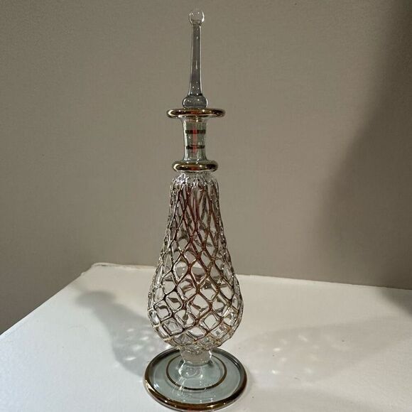Vintage Perfume Bottle Hand Blown Glass Gold Paint - Picture 1 of 12